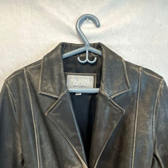 WILSONS LEATHER Maxima Jacket Women’s Large Black Button Up Belted Trench Long - Picture 2 of 11